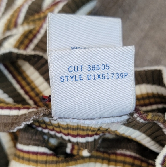 90s Striped Ruffled Moc Turtleneck Tee Womens L Brown Cream Green Ribbed Stretch - Picture 12 of 12